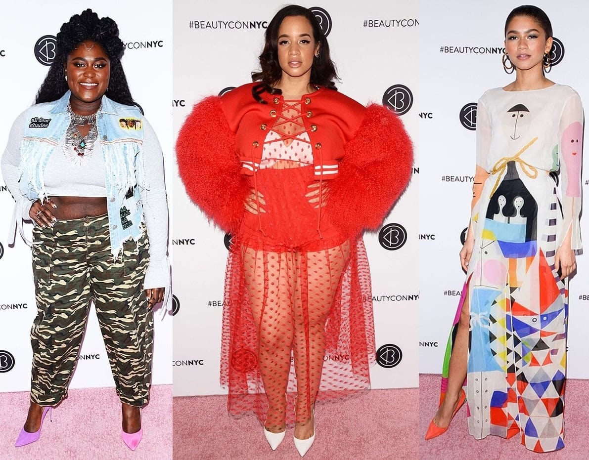 Danielle Brooks, Dascha Polanco, and Zendaya brought unique flair to Beautycon 2018, each showcasing bold, statement-making styles—from camo pants and mismatched pumps to a sheer red look and a vibrant art-inspired dress
