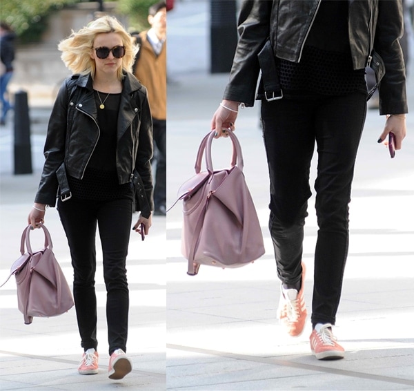 Fearne Cotton wears a black mesh shirt with matching pants