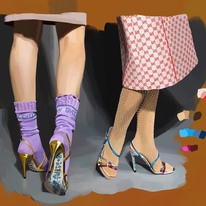 Gucci's 'Haines' sandals featuring braided and glittering stripes that criss-cross around the foot, seen in an artwork by Spanish painter Ignasi Monreal