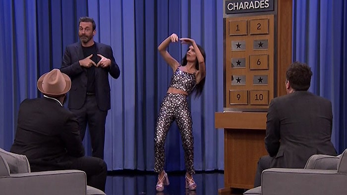 Emily Ratajkowski playing a game of Charades with co-guest star Jon Hamm during an appearance on NBC's "The Tonight Show Starring Jimmy Fallon" aired on April 20, 2018.