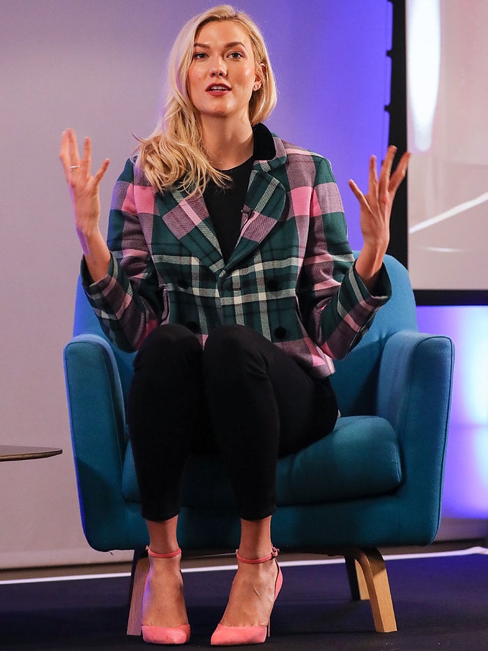 Karlie Kloss discussing the future of tech skills at Flatiron School panel at WeWork Moorgate in London, England, on April 9, 2018.