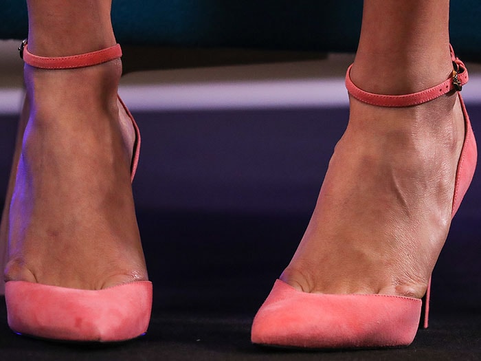 Closeup of Karlie Kloss' Stella Luna 'Indispensable' ankle-strap pumps.