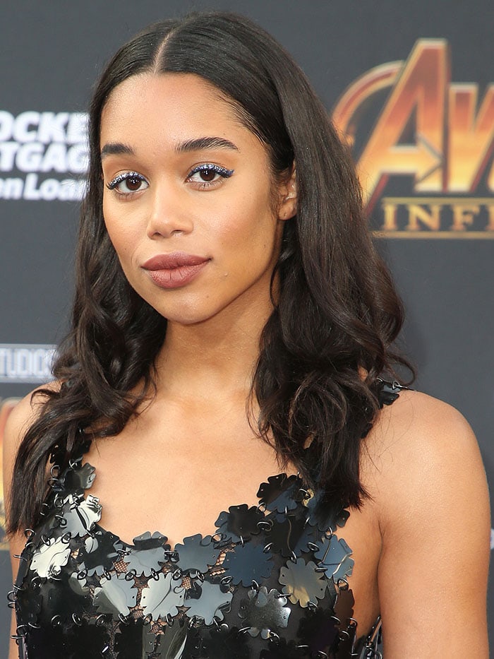 Laura Harrier wearing sparkle blue eyeshadow.