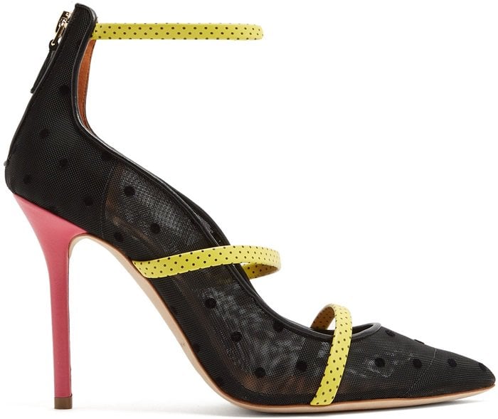 These shoes are secured with three yellow straps, and set on a flamingo-pink leather-covered stiletto heel