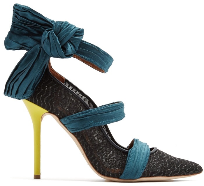 This black mesh point-toe pair is detailed with crinkled blue straps and set on bright yellow heels