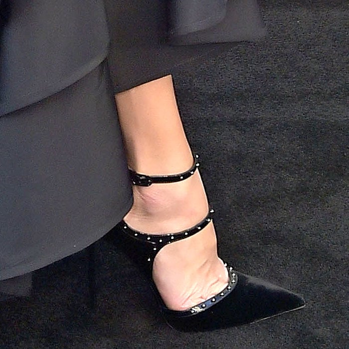 Malin Akerman shows off her feet in Le Silla "Borgia" studded-strap black velvet pumps