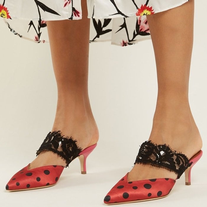 Malone Souliers reworks Emanuel Ungaro's signature polka dots as part of a new collaboration between the two labels, and these red satin Maisie mules are the stylish result