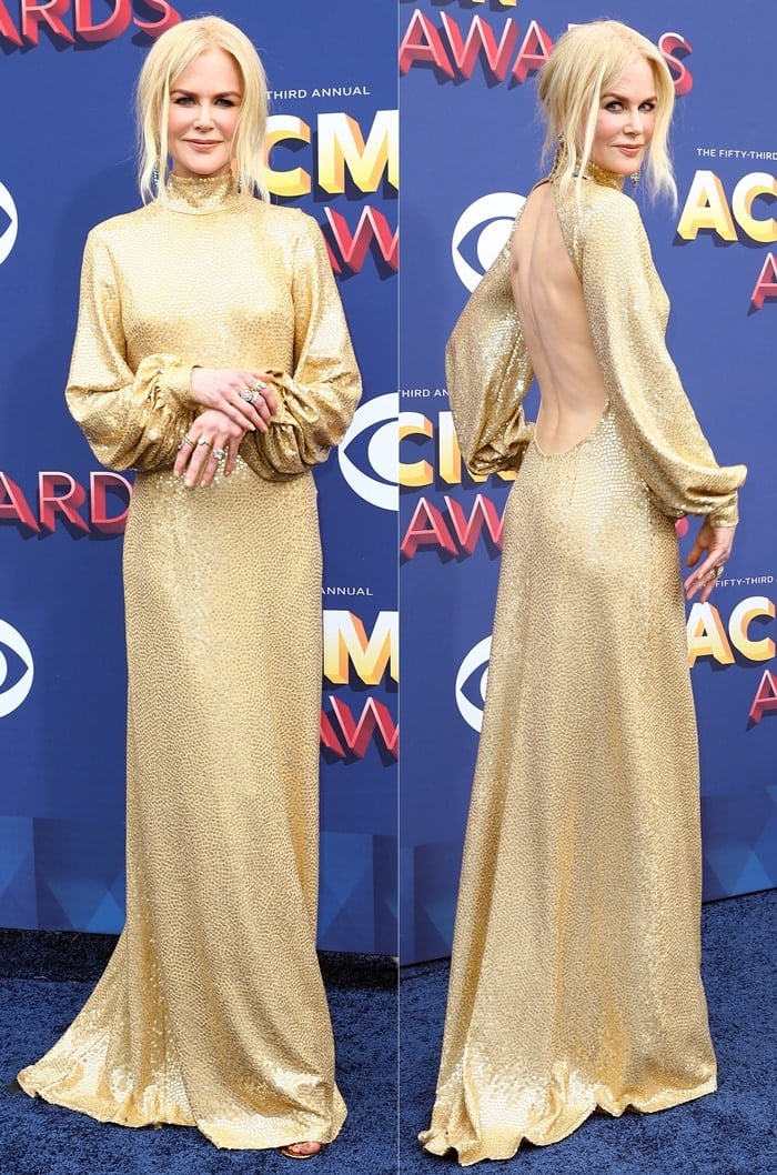 Nicole Kidman's gold sequin gown features an open back