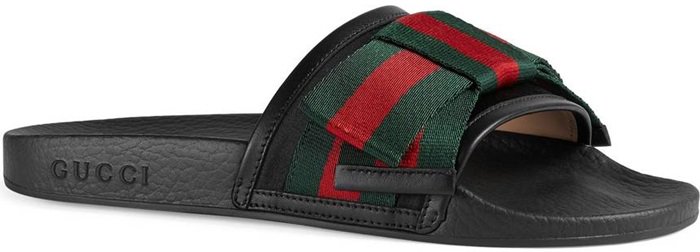 Gucci's 'Pursuit' slide sandals with silk bows in the brand's iconic green and red stripes