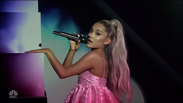 Ariana Grande performing her latest single, "No Tears Left to Cry," live on television for the first time