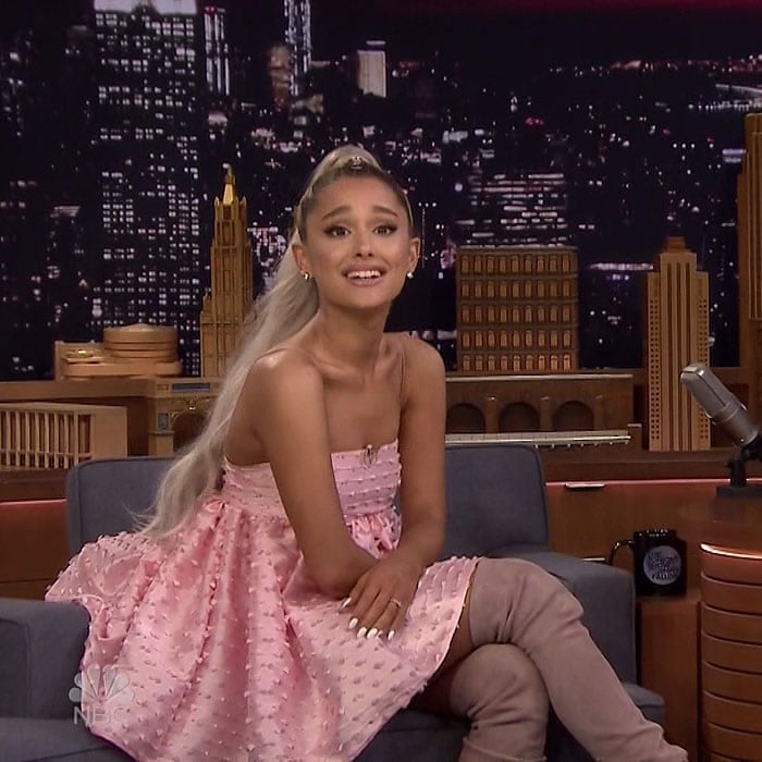 Ariana Grande in an ultra-short Cecilie Bahnsen pink babydoll dress