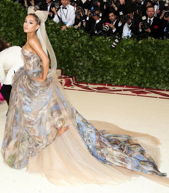 Ariana Grande in a Vera Wang Sistine Chapel strapless ball gown at the 2018 Met Gala.