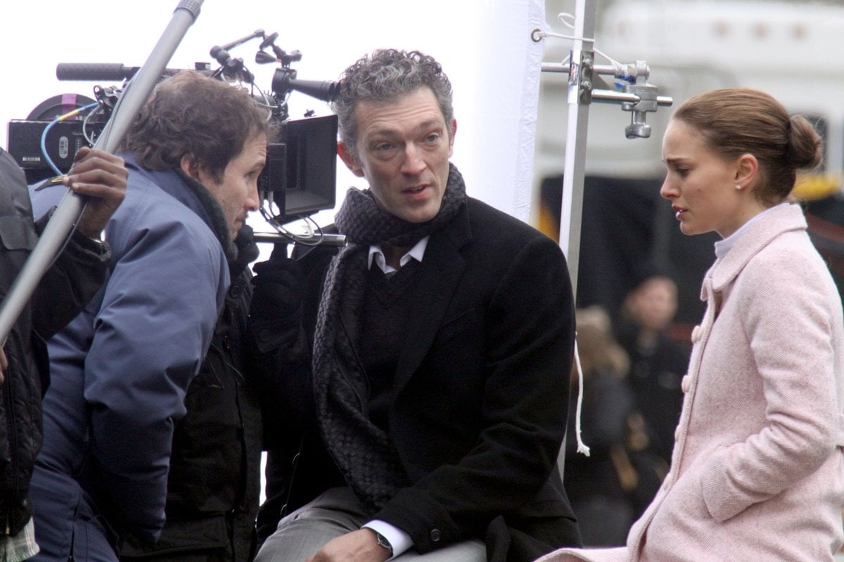 Director Darren Aronofsky, Vincent Cassel, and Natalie Portman on the set of the Black Swan in New York City