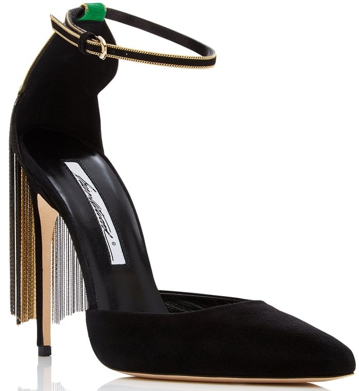 This black pump is rendered in suede and features a fringe detail and stiletto heel