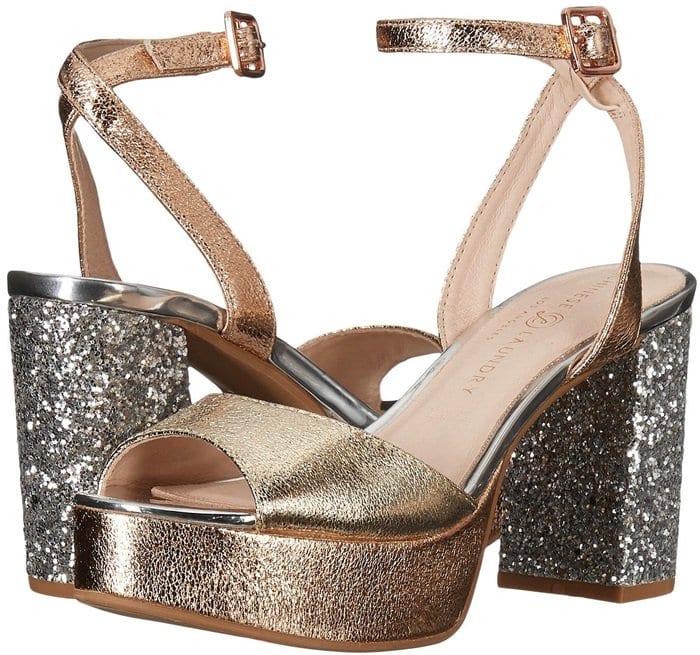 A shimmering glitter heel adds glam-rock flair to a showstopping platform sandal finished with a slender ankle strap.