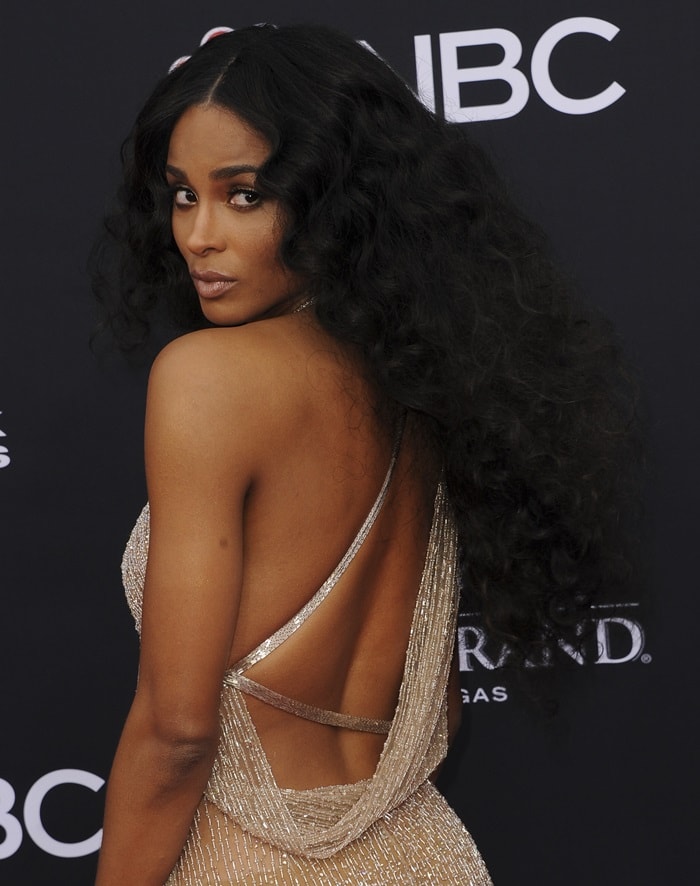 Ciara in a nude-colored barely-there Julien Macdonald Spring 2018 dress