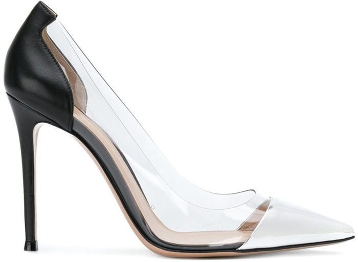 These silver-tone and black leather Plexi pumps boast a pointed toe