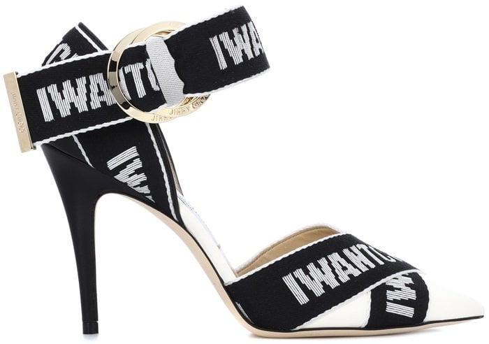 Jimmy Choo taps into the current logomania trend with the Bea 100 pumps, featuring bold industrial webbing adorned with the statement "IWANTCHOO," embracing the brand's iconic style