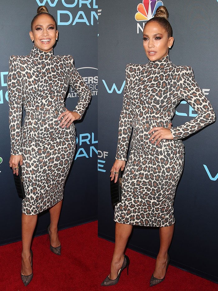 Jennifer Lopez turns heads in a bold leopard-print dress paired with sleek pointed-toe heels and a structured black clutch