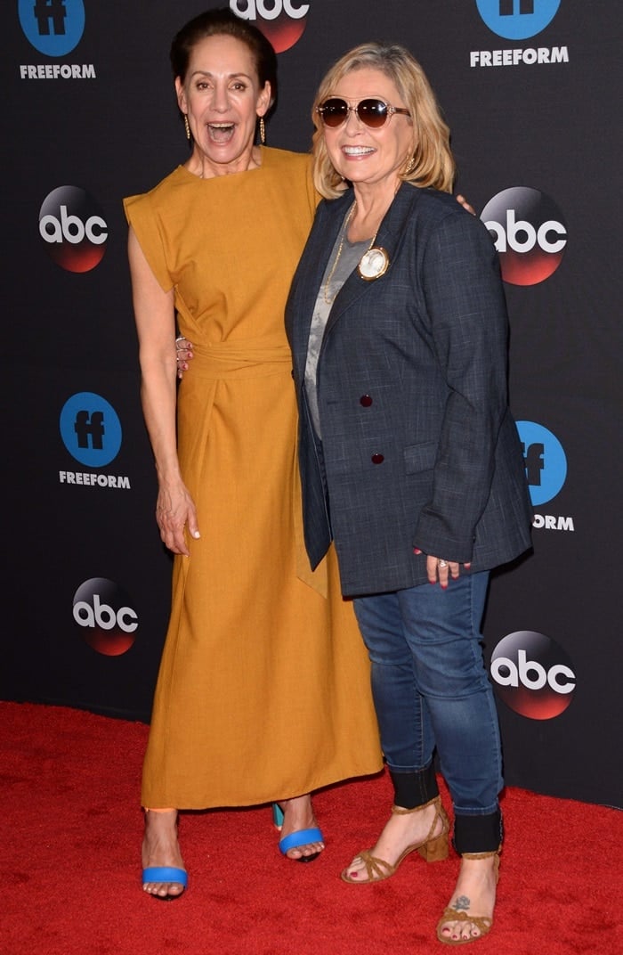 Laurie Metcalf and Roseanne Barr walk the red carpet while attending the ABC Upfronts in New York City on May 15, 2018