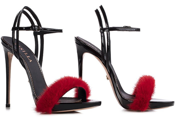 Le Silla Gaga mink fur patent sandals red