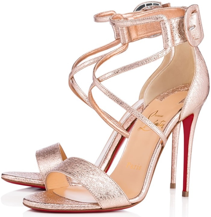 Elevated on a 100mm stiletto heel, this pair in rose gold vintage specchio leather is a luminescent beauty