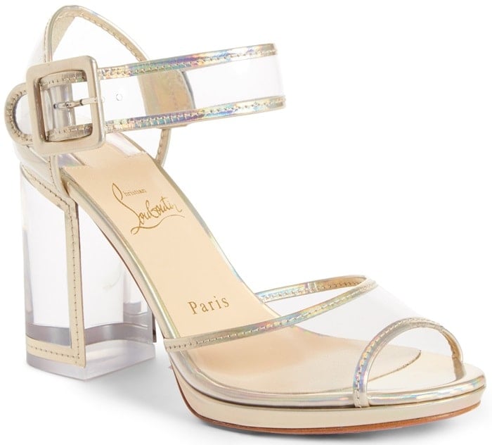 Assembled from clear PVC and gold specchio leather, Christian Louboutin's Barbaclara ankle-strap sandals are designed with a comfortable specchio leather platform