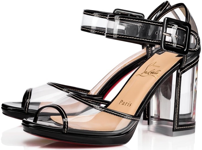 Black transparent sandals detailed with patent leather trim