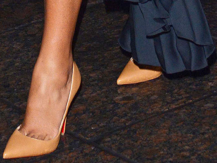 Yara Shahidi's toe cleavage in light-tan Christian Louboutin "So Kate" pumps