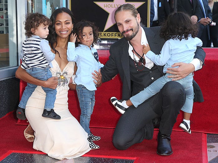 Zoe Saldana with husband Marco Perego and their sons, three-year-old twins Bowie Ezio and Cy Aridio and one-year-old Zen Perego-Saldana