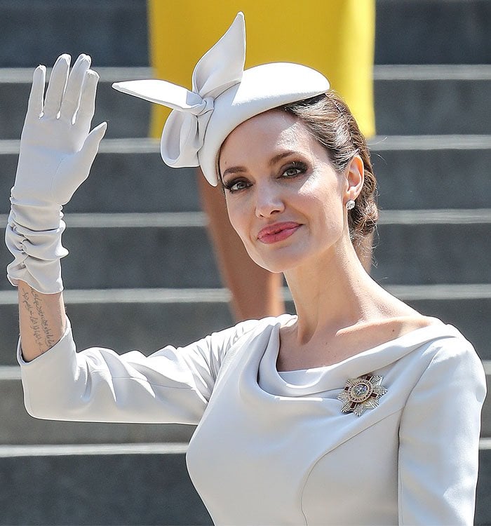 Angelina Jolie wearing her Dame Commander star of the Order of Saint Michael and Saint George