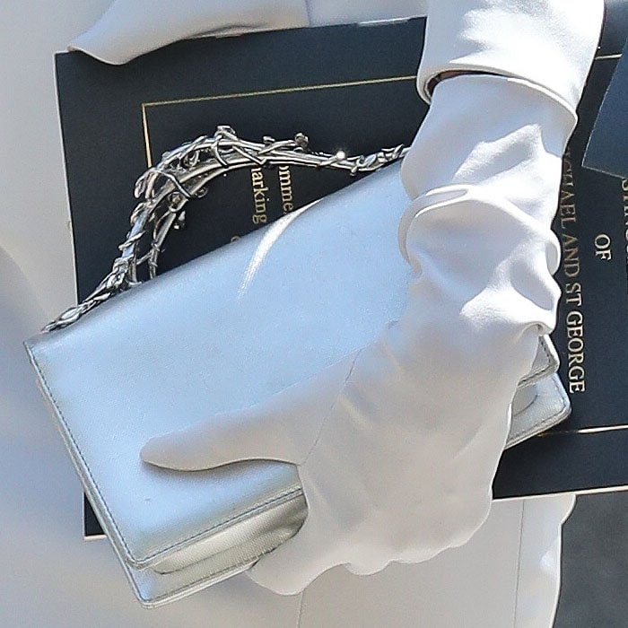 Details of Angelina Jolie's silver Ralph & Russo Eden clutch with silver metal vine handles