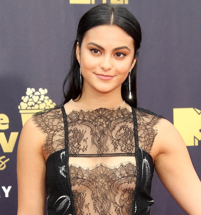 Camila Mendes wearing Jennifer Meyer onyx & diamond inlay earrings