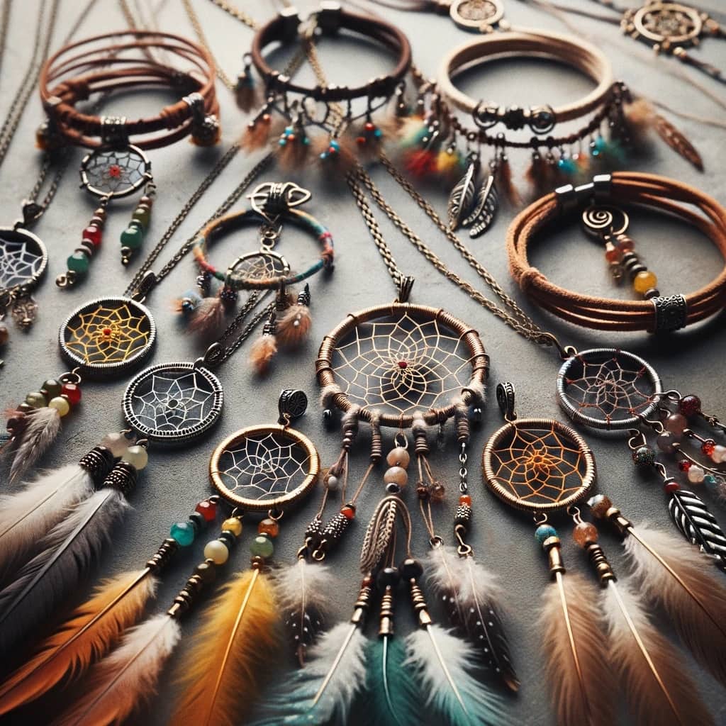 Dream catcher necklaces and bracelets combine the mystical allure of dream catchers with elegant jewelry designs, often adorned with colorful beads, feathers, and delicate chains or bands