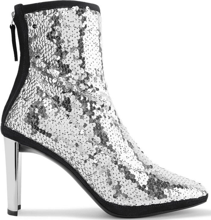 Set on a sculptural heel, these suede-trimmed 'Luce' boots are made from tulle and embellished with silver sequins that catch light from every angle