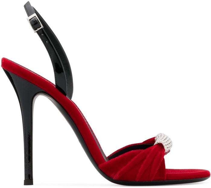 Red Velvet Sling-Back Sylvia Sandals With Crystal Brooch