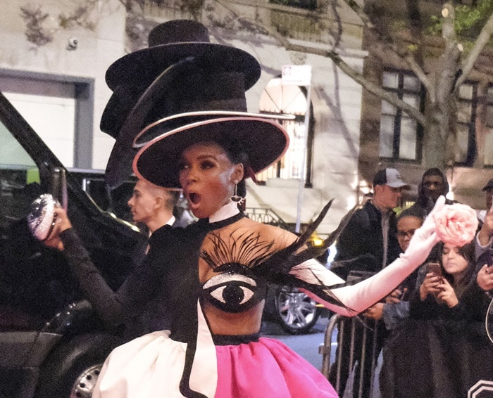Janelle Monáe's four black gravity-defying top hats after the Met Gala at the Mark Hotel NYC