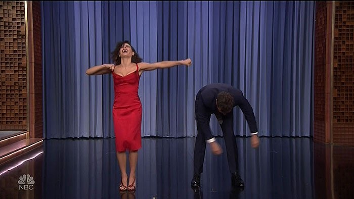 Jenna Dewan nailed Janet Jackson’s “Rhythm Nation” choreography in a slinky red Zac Posen dress and four-inch Olgana Paris heels on The Tonight Show Starring Jimmy Fallon
