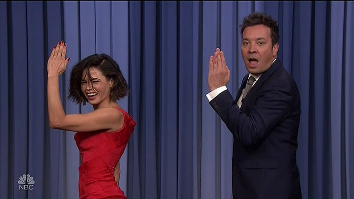 Jenna Dewan teaching Jimmy Fallon the dance moves to Janet Jackson's "Rhythm Nation"