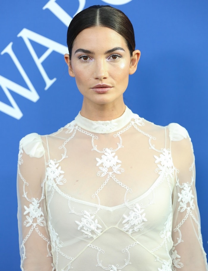Lily Aldridge exudes elegance in a sheer embroidered Brock Collection dress at the 2018 CFDA Fashion Awards at the Brooklyn Museum in New York City