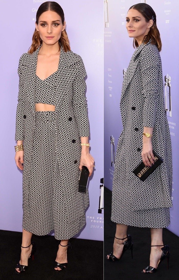 Olivia Palermo in a 3-piece printed look from Brazilian brand Iorane and black Marylineska leather-trimmed coated-eel sandals
