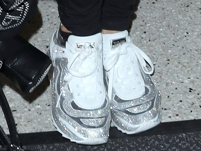 Paris Hilton's Philipp Plein crystal-covered sneakers up close.