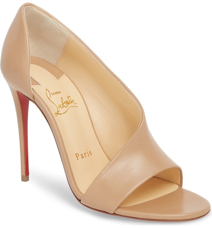 A curvy half d'Orsay silhouette and slim stiletto boosts the sultry appeal of this sandal, while a signature sole adds a flash of Louboutin red to every step