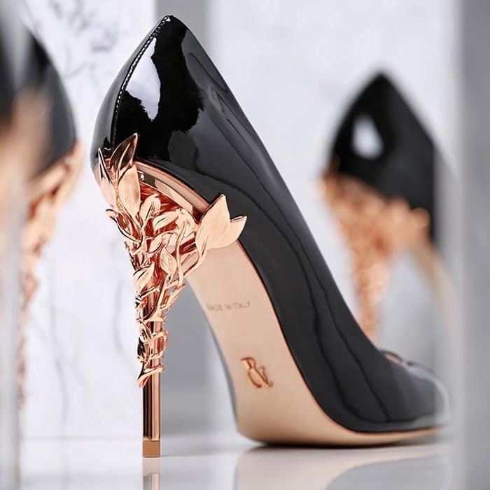 Ralph & Russo Eden Heel Pumps in black patent with rose gold leaves
