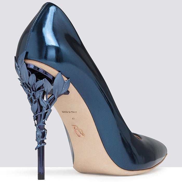 Ralph & Russo Eden Heel Pumps in petrol blue mirror with petrol blue leaves
