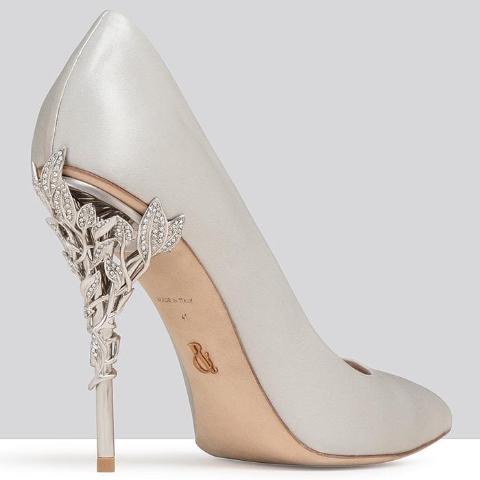 Ralph & Russo Eden Heel Pumps in silver satin with silver Swarovski crystal leaves