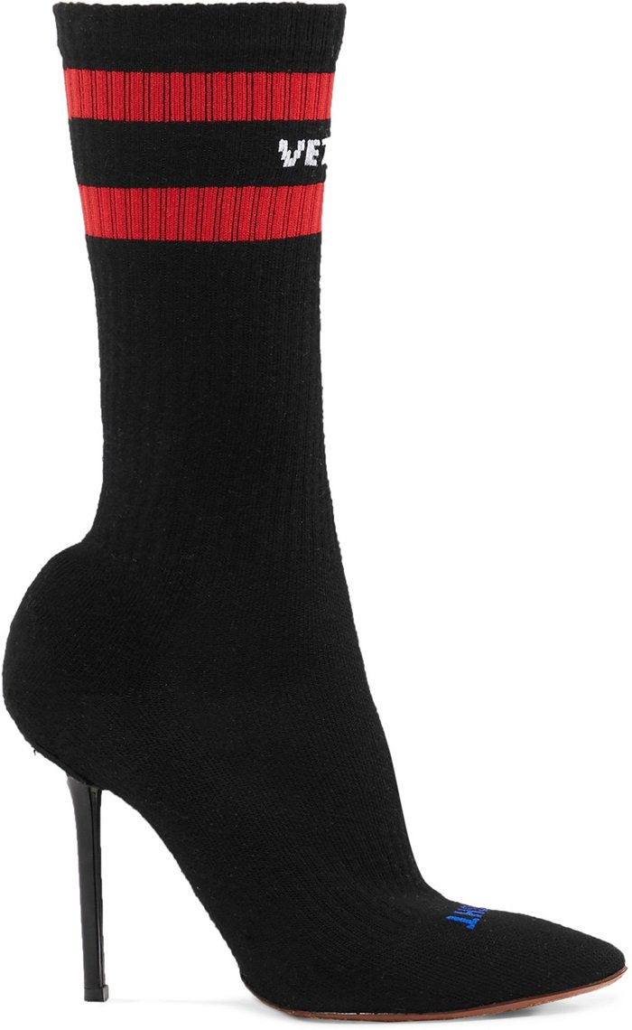 Made from close-fitting black stretch-knit for a sock-like fit, this pair is set on a slim 80mm heel and woven with stripes, the label's logo and 'left' and 'right' in blue.