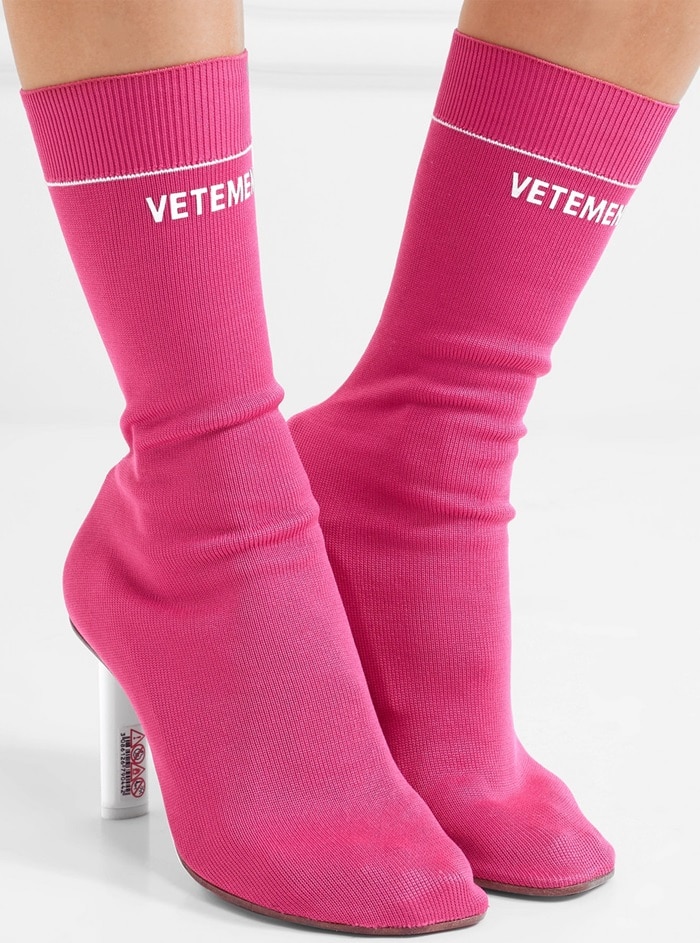 Neon pink logo-jacquard lighter heel sock boots