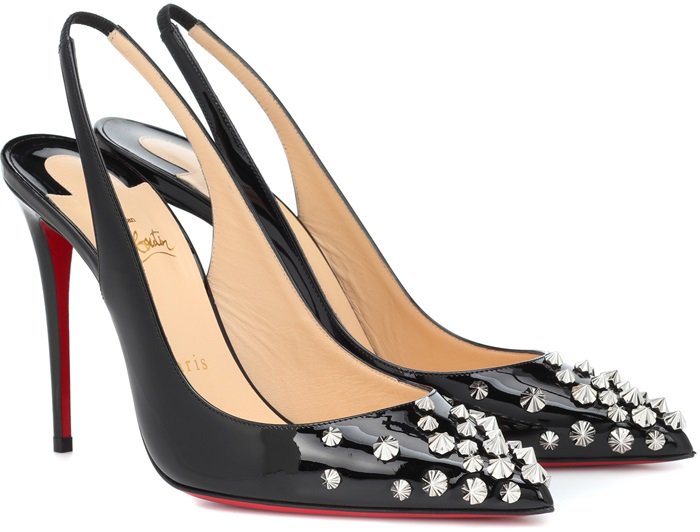 The slingback design has been crafted in Italy from glossy black patent leather, and sits on a slender 100mm heel