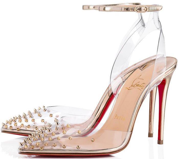 Metal studs poke out of the transparent PVC toe in Christian Louboutin's Spikoo stilettos